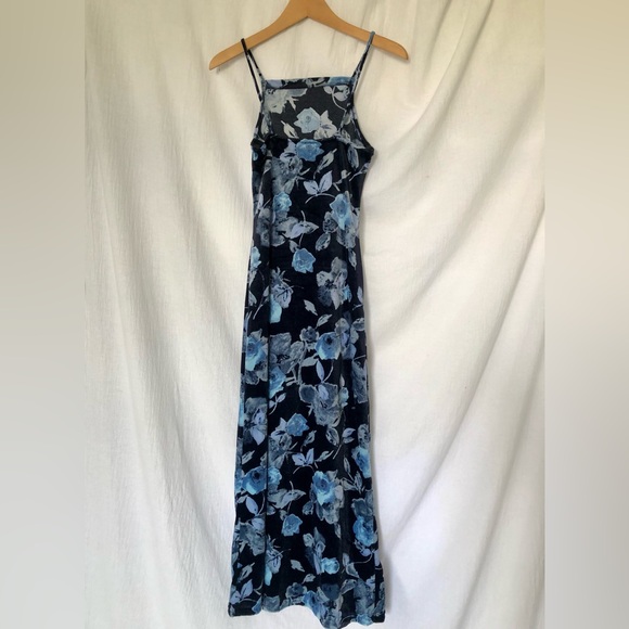 Vintage 90’s Blue Floral Velour Evening Dress - Picture 3 of 5